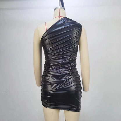 Women Clothing Summer Sleeveless Shoulder Pleated Waist Tight Sheath Dress