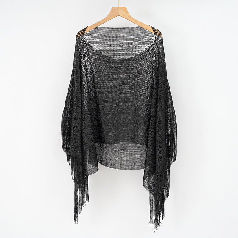 Summer Hollow Out Cutout Tassel Solid Color Blouse Shawl Tassel Scarf SallyCover
