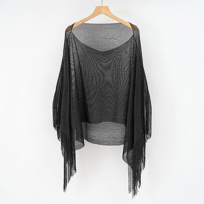 Summer Hollow Out Cutout Tassel Solid Color Blouse Shawl Tassel Scarf