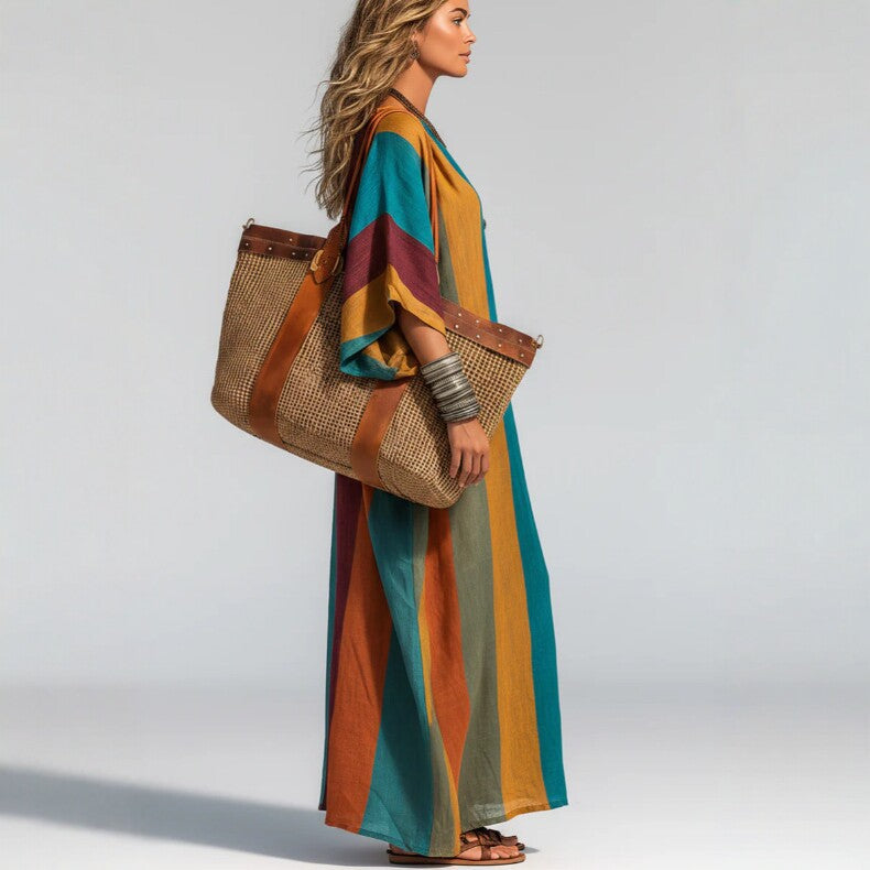 Bohemian Contrast Color Vertical Stripes Autumn Fragrance Hemp Women Loose Fitting V neck Holiday Dress Gemi