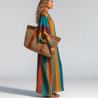 Bohemian Contrast Color Vertical Stripes Autumn Fragrance Hemp Women Loose Fitting V neck Holiday Dress Gemi