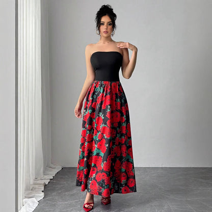 Spring Summer Elegant Lady Rose Print Short Stitching Bandeau Sexy Maxi Dress Vivish