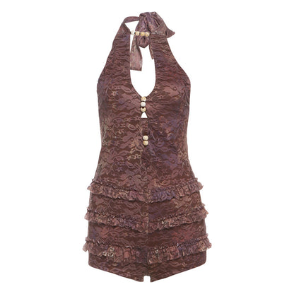 Summer Women Sexy Halter Backless Hollow Out Cutout out Romper