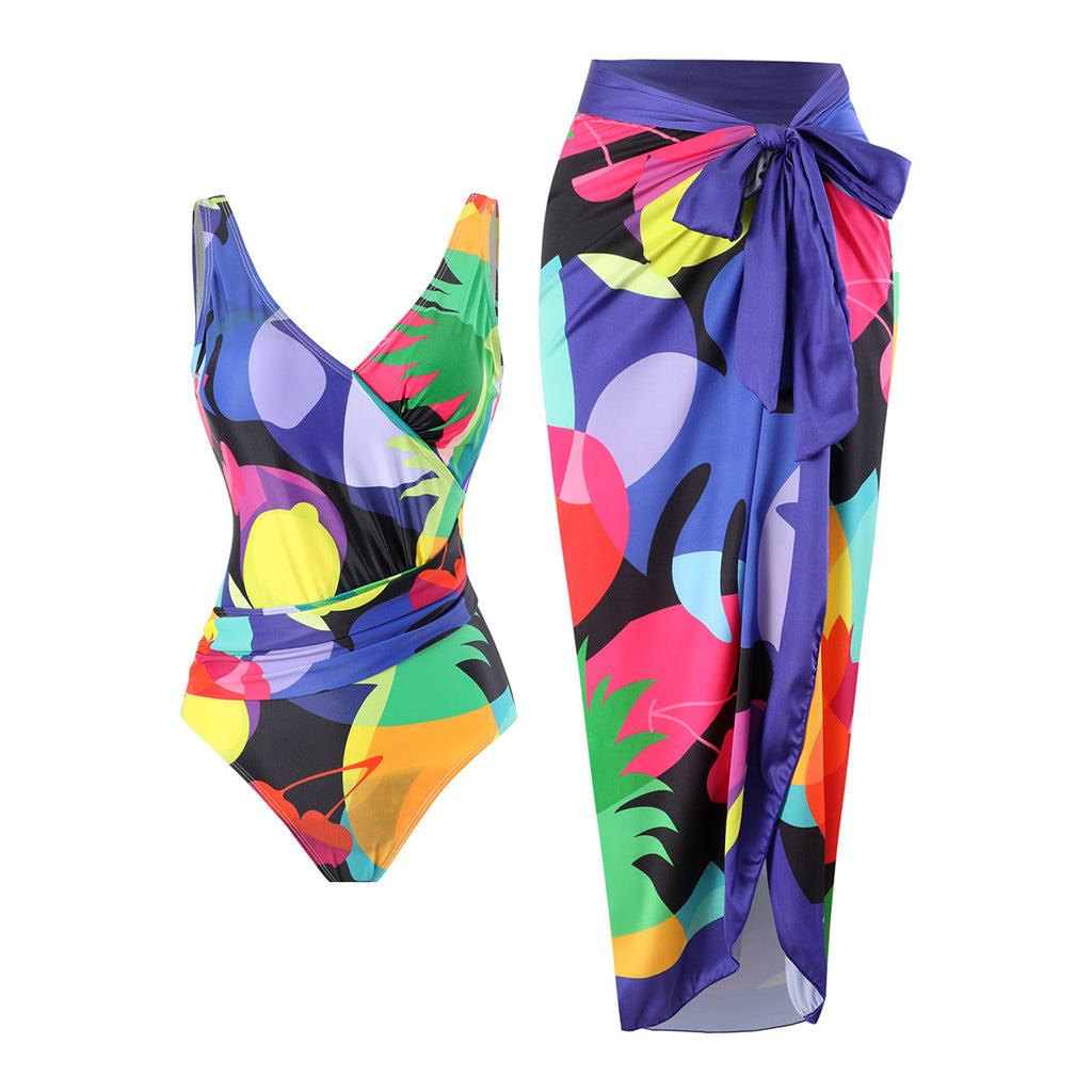Maillot de bain deux pièces croisé couvrant le ventre, imprimé, dos nu, robe fourreau
