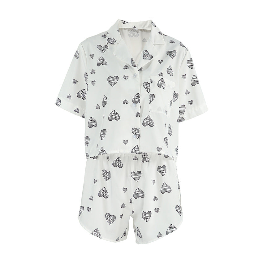 Pijama de manga corta con estampado de corazón para mujer, ropa informal cómoda para el hogar, primavera y verano