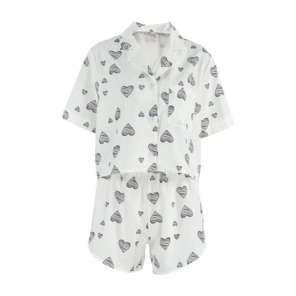 Pijama de manga corta con estampado de corazón para mujer, ropa informal cómoda para el hogar, primavera y verano