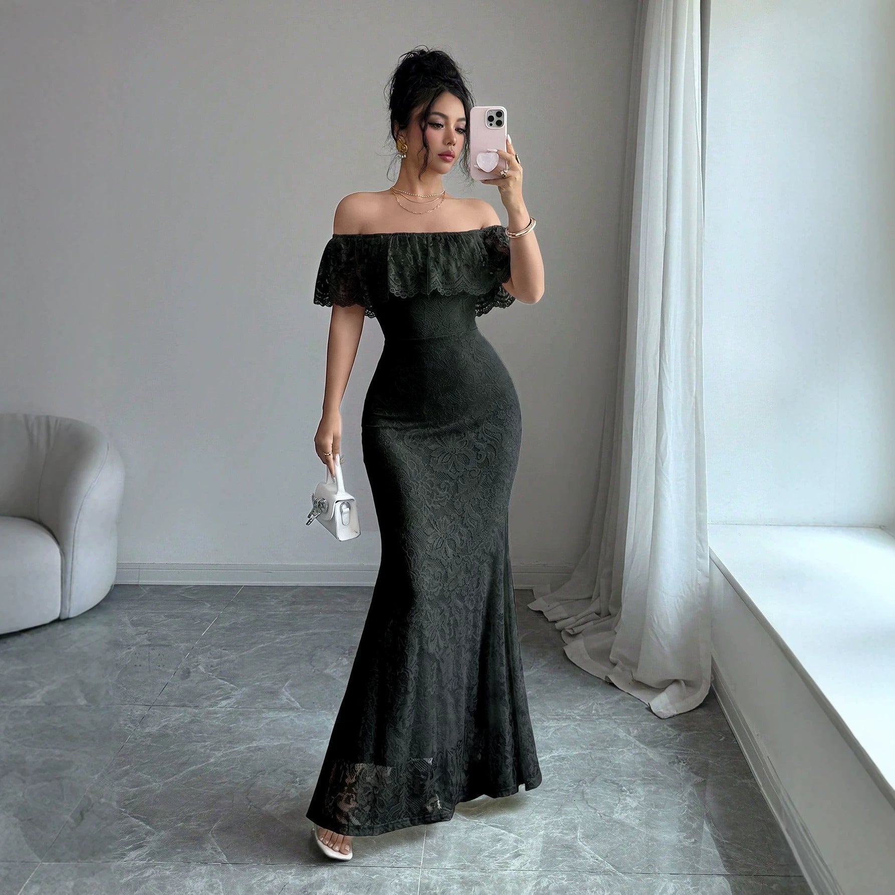 Autumn Elegant off Shoulder Ruffled Lace Patchwork Maxi Dress Vivish