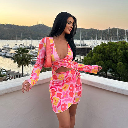 Vestido sexy con escote en V y manga larga para mujer, dulce y fresco, con aberturas