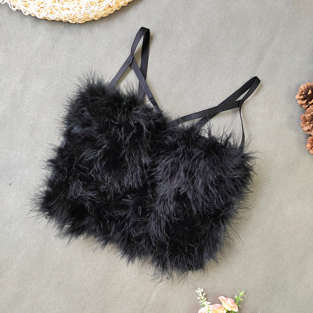 Ostrich Feather Stitching Leather Spaghetti Straps Outerwear Short Elegant Faux Leather Feather Tube Top Vest Slim Vest Kanuner