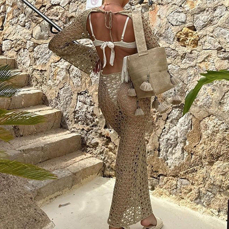 Women Clothes Sexy Hollow Out Cutout Long Sleeved round Neck Maxi Dress Holiday Beach Overskirt Crochet hook Tidee