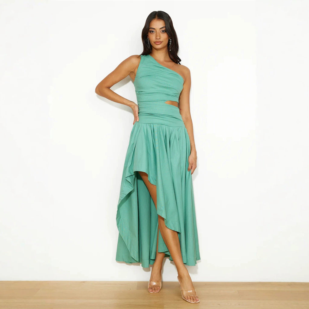 Spring Summer Pleated One Shoulder Diagonal Collar Irregular Asymmetric Solid Color Ripped Dress XUYUN