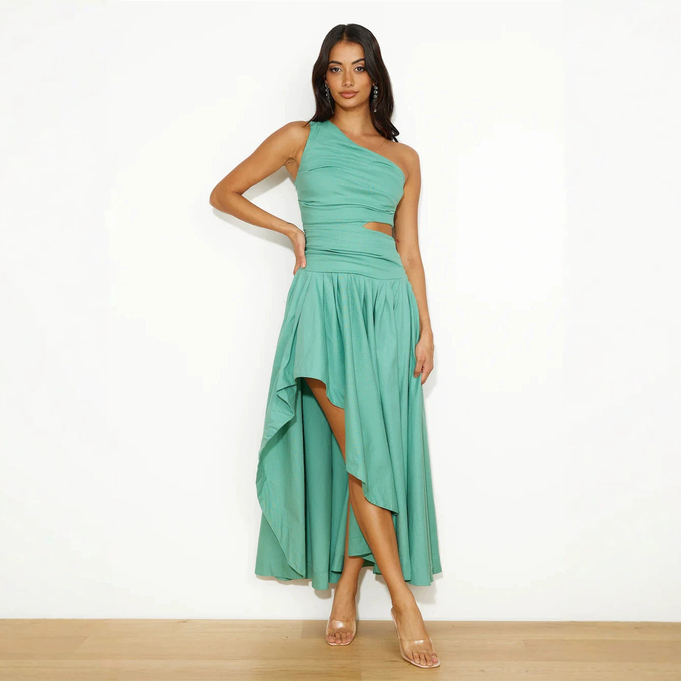 Spring Summer Pleated One Shoulder Diagonal Collar Irregular Asymmetric Solid Color Ripped Dress XUYUN