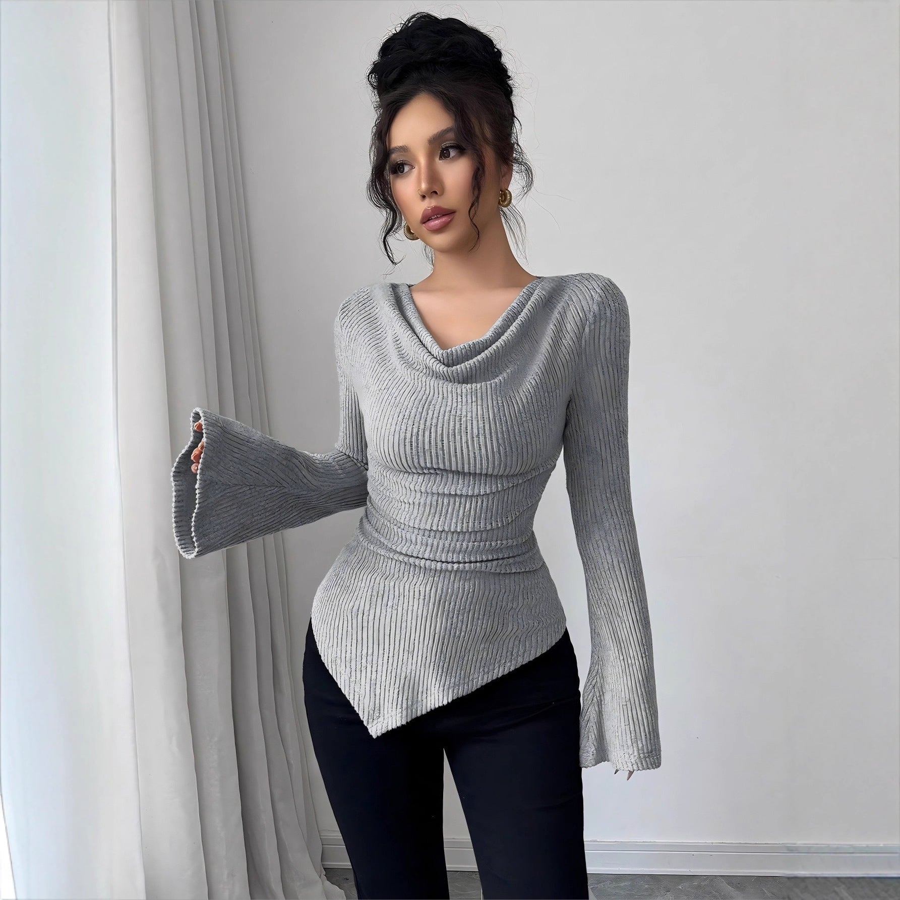 Suéter de punto ajustado con hombros descubiertos y manga larga para mujer, ropa de oficina, otoño e invierno