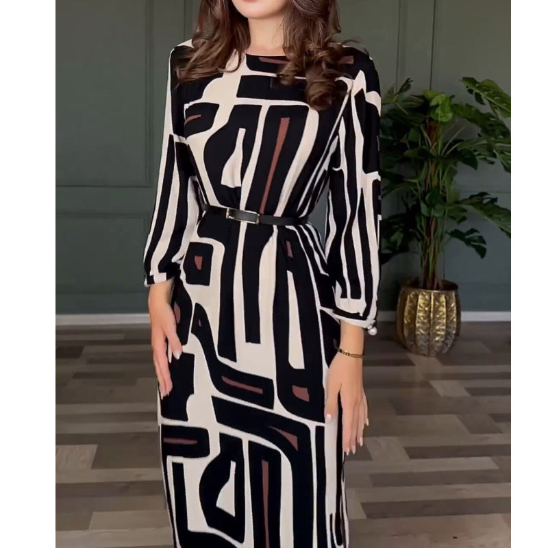Spring Summer High Sense Geometric Abstract Pattern Printing Elegant Graceful Women Dress Fifiant