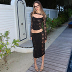 Summer Women Clothing Sexy Lace Cutout Long Sleeved Vest Low Waist Slim Skirt Set for Women YIMAIL