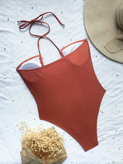 Traje de baño de una pieza, bikini de color sólido, traje de baño sexy para mujer, bikini con tirantes