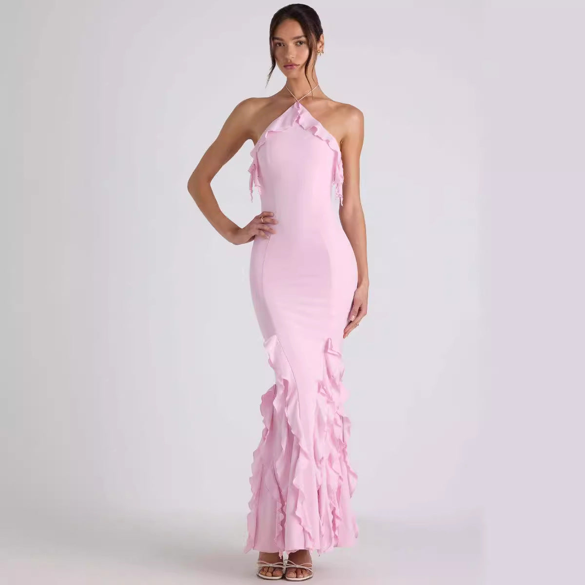 Women Summer Sexy Halter Backless Sheath Ruffled Pleated Drape Evening Dress Maxi Dress Bailess
