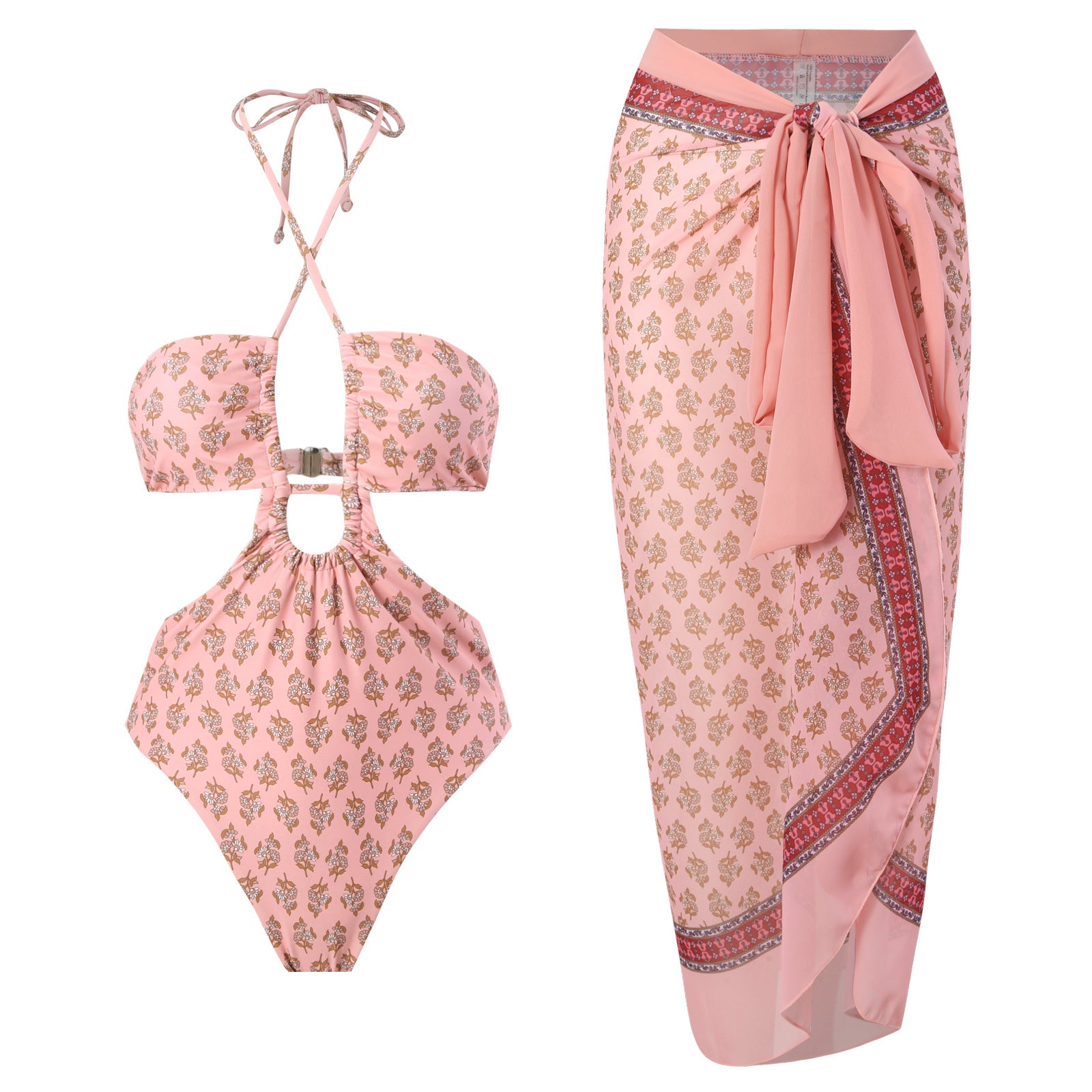 Traje de baño de una pieza de doble cara sexy con cuello halter plisado, vestido de gasa