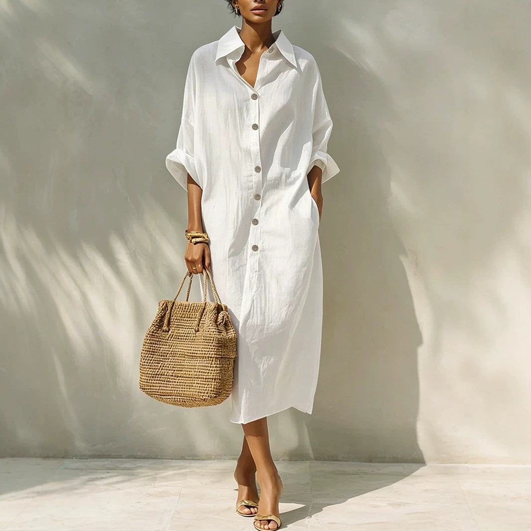 Women Clothing Arrival Loose Solid Color Single Breasted Collared Design Long Sleeve Dress NEWMELANCE