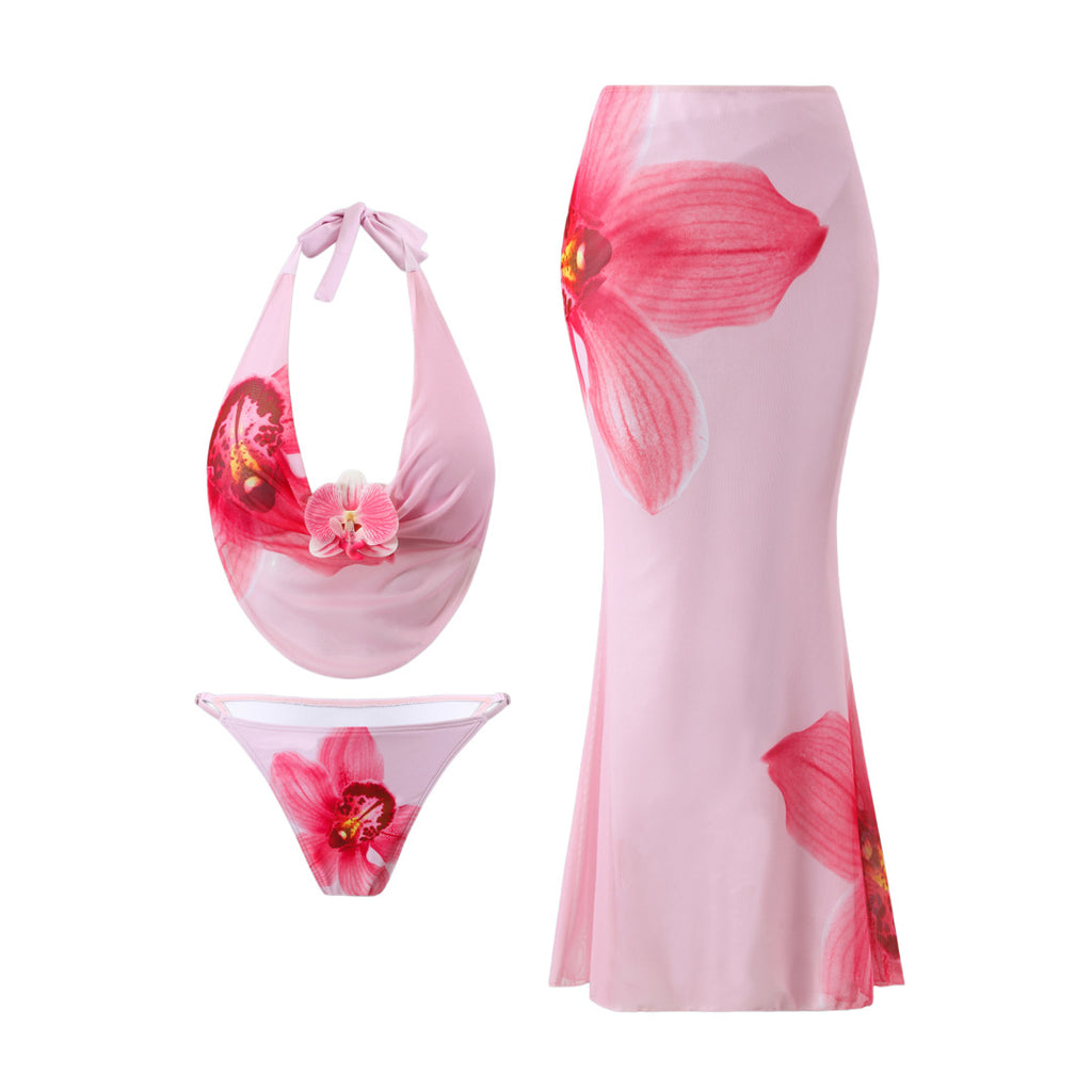 Bikini Mesh Floral Print Three Piece Skirt Sunscreen Swimsuit Women Peaches