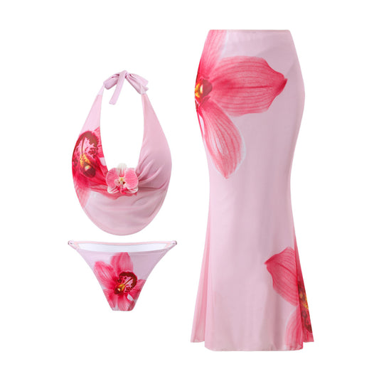 Bikini Mesh Floral Print Three Piece Skirt Sunscreen Swimsuit Women Peaches