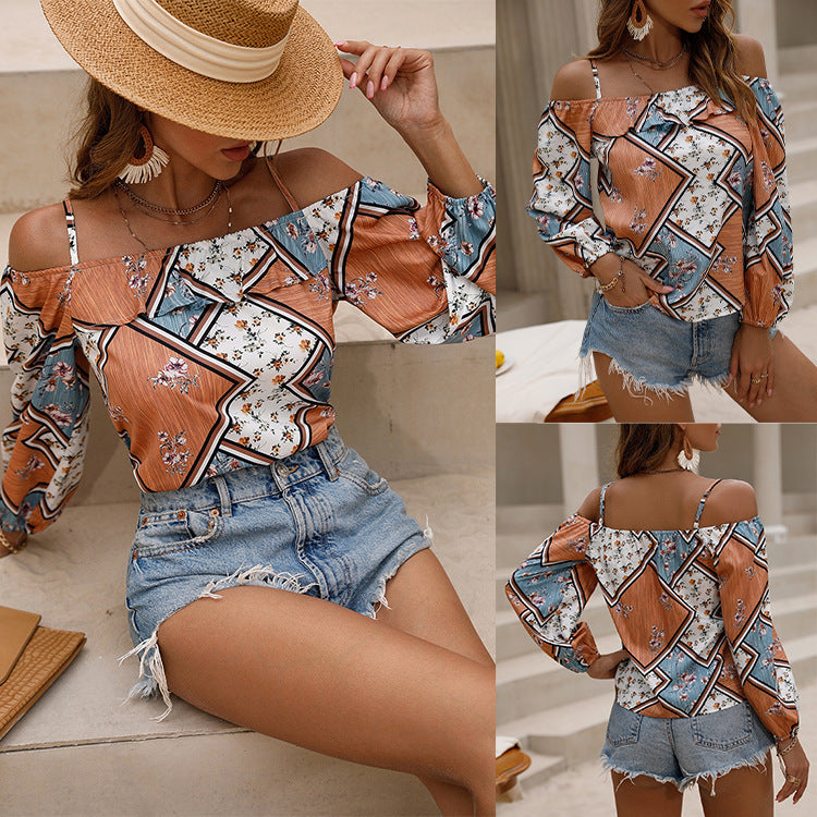 Blusas de manga larga con hombros descubiertos y estampado floral para mujer