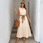 Simple Elegant Beaded round Neck Cinched Sleeveless Dress HUNDRED