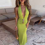 Spring Summer Sexy Deep V Plunge neck Backless Halter Solid Color Fishtail Elegant Dress Cecil