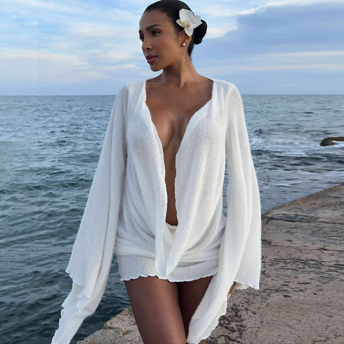 Autumn Winter Sexy Swing Collar Bell Sleeve Solid Color Sheath Short