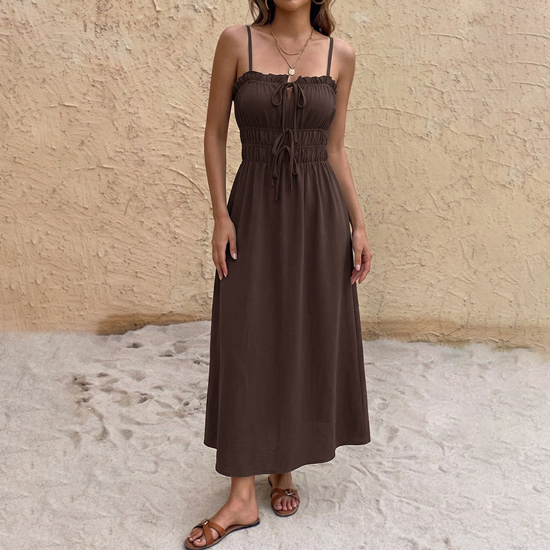 Simple Retro Solid Color Drawstring Waist Trimming Spaghetti Straps Dress HUNDRED