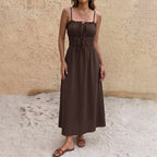 Simple Retro Solid Color Drawstring Waist Trimming Spaghetti Straps Dress HUNDRED