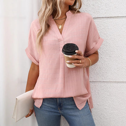Camisa holgada a cuadros a rayas de manga corta con cuello en V para mujer de verano