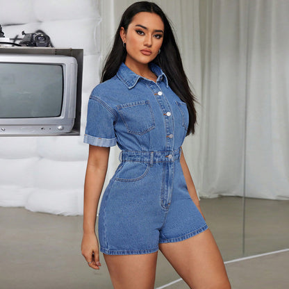 Women Clothing Denim Collared Short Sleeve Waist Controlled Romper