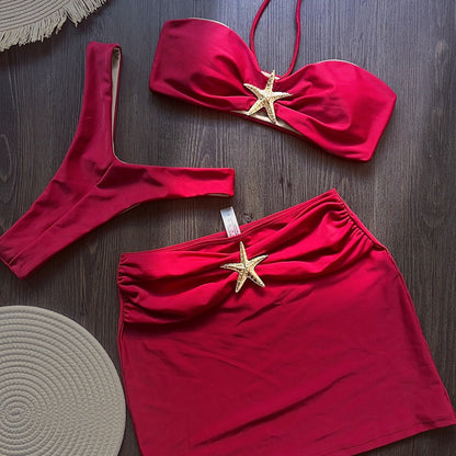 Conjunto de bikini de tres piezas con tirantes, bikini sexy de color liso con abertura.