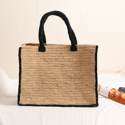 Bolso cuadrado de paja de rafia con borde negro, tejido de gran capacidad, bolso de playa para vacaciones, bolso para mujer 