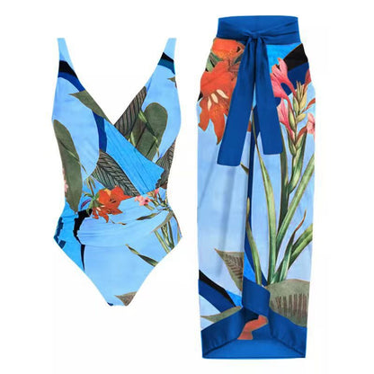 Two Piece Set Swimsuit Cross Belly Covering Printed Backless Sheath Dress Swimsuit