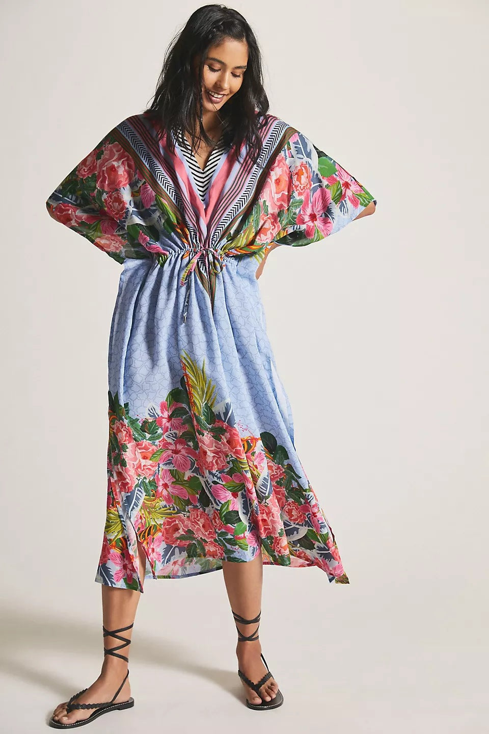 Blusa con estampado de dos cabezas y cinturón ajustable para playa, informal y para vacaciones