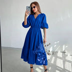 Summer Office Klein Blue Puff Sleeve High Waist A- line Dress Fashionable Simple Women Dress FOREVEREIGHTEEN