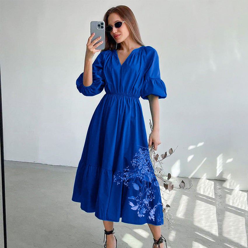 Summer Office Klein Blue Puff Sleeve High Waist A- line Dress Fashionable Simple Women Dress FOREVEREIGHTEEN