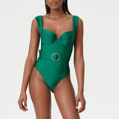 Green Two-Shoulder One-Piece Swimsuit