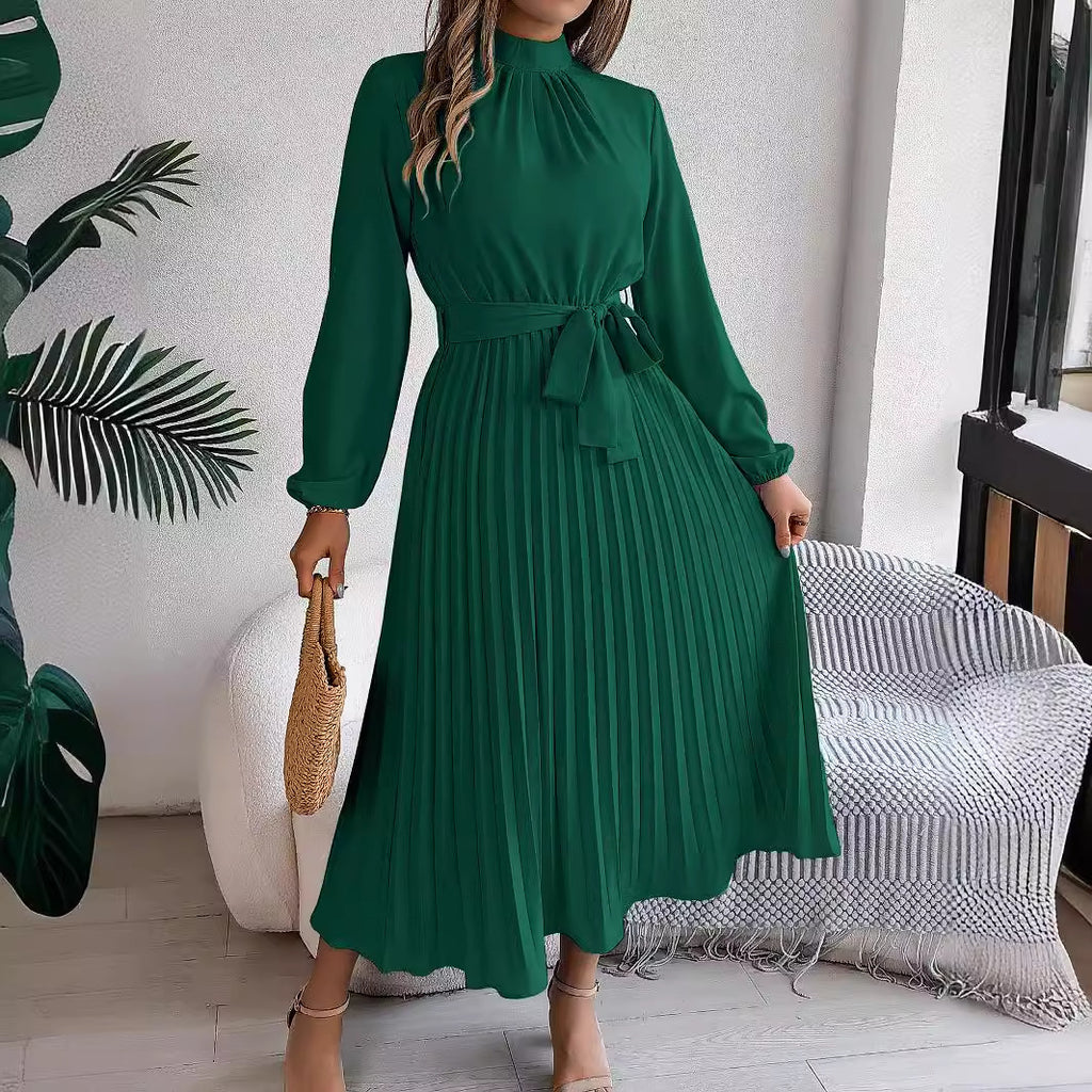 Robe longue élégante automne-hiver à col montant, manches longues et plissée, taille S, vêtements pour femmes