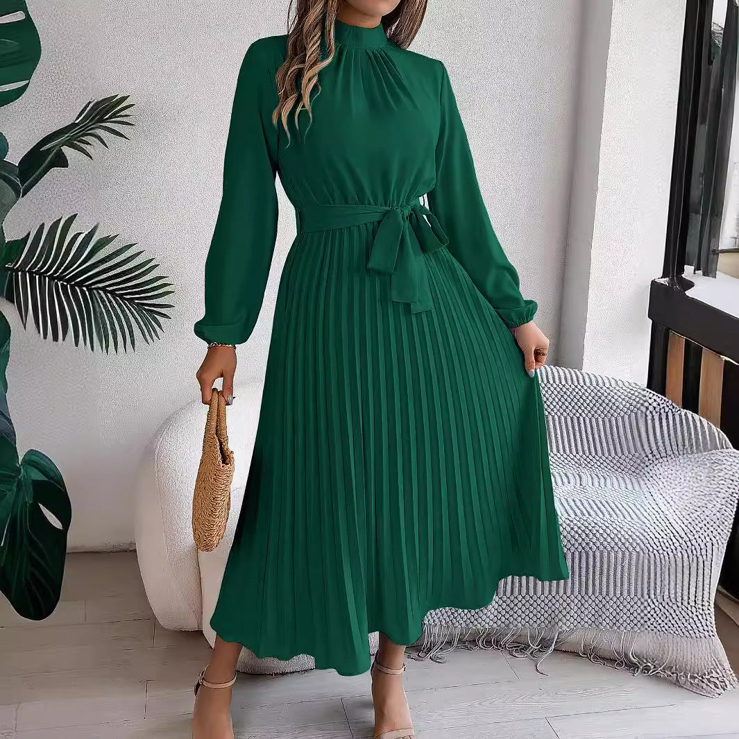 Robe longue élégante automne-hiver à col montant, manches longues et plissée, taille S, vêtements pour femmes