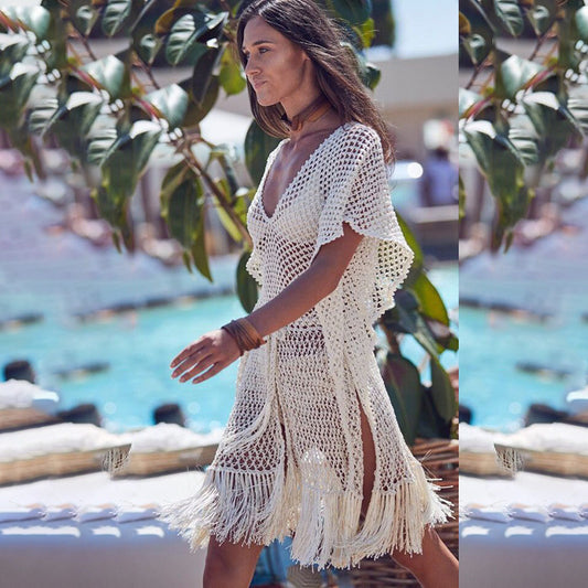 Summer Beach Dress Sexy Cutout Low Cut Lace up Knitted Tassel Split Dress Sunscreen Bikini Smock Dress