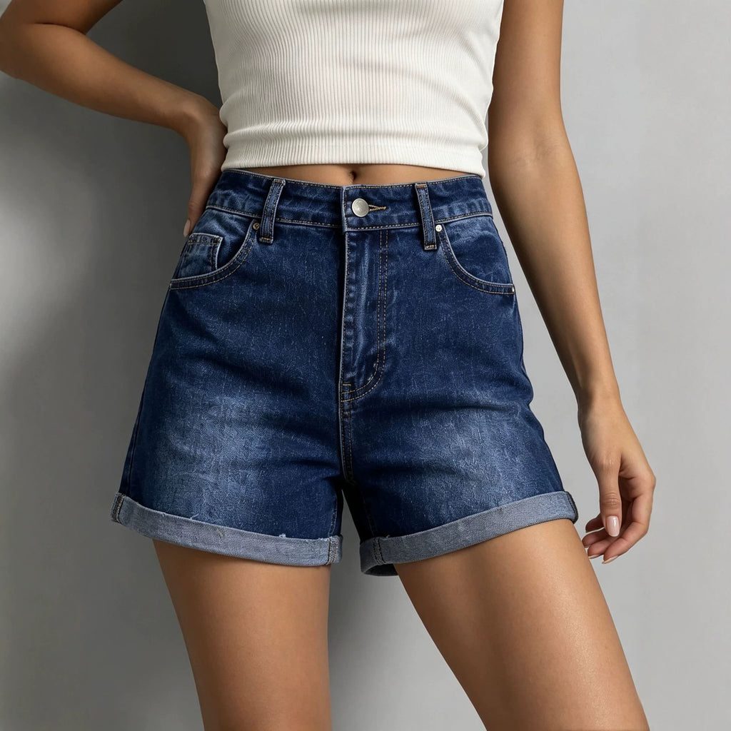 Summer Dark Blue Retro Elastic High Waist Casual Women Denim Shorts Shocen