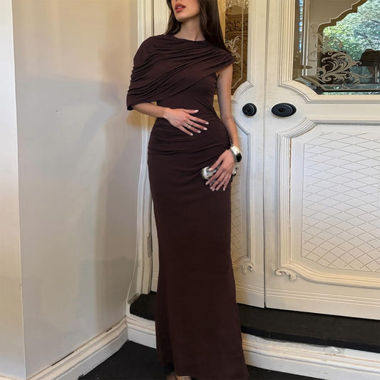 Women Clothing Summer Oblique Shoulder Design Skinny Sheath Pleated Irregular Asymmetric Dress