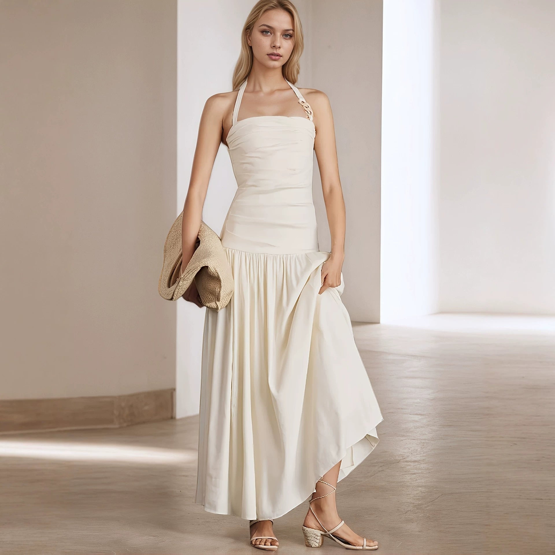 Summer Women Wide Camisole Halter Sleeveless Backless Dress Rogan