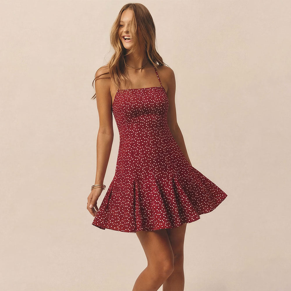Summer Wine Red Polka Dot Floral Dress Waist Trimming Ruffles Short Dress Yiskiss