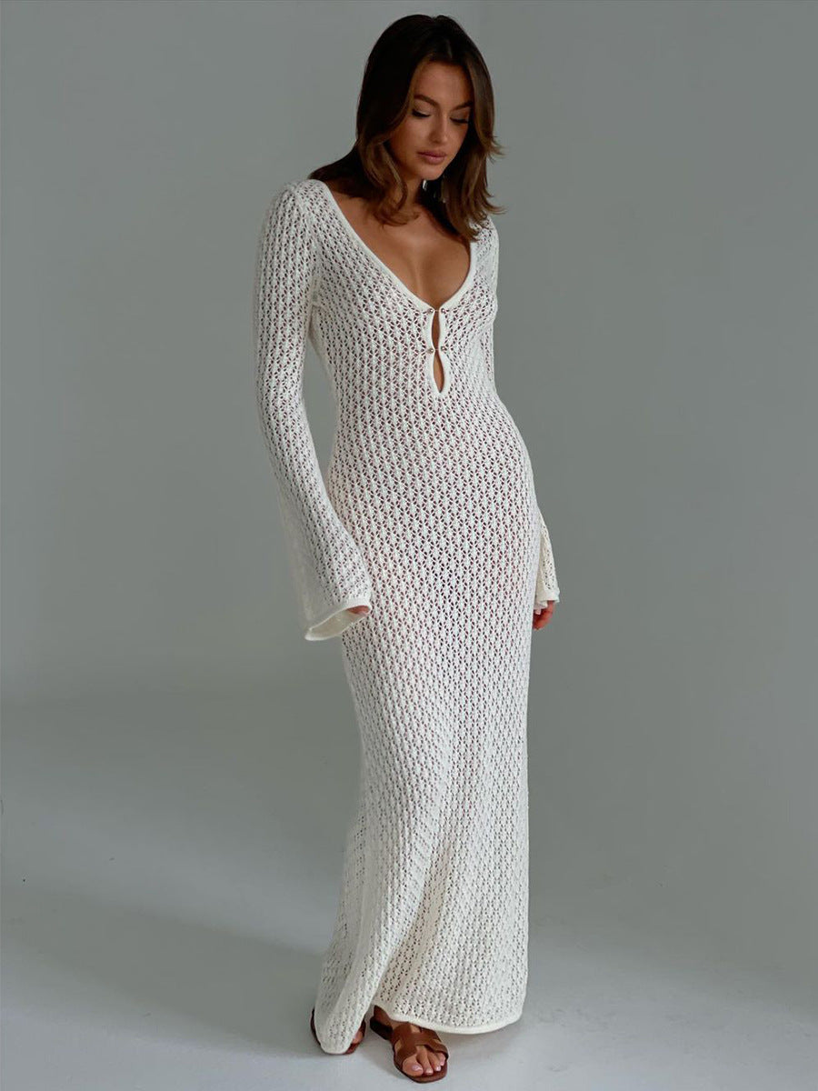 V neck Hollow Out Cutout Sexy Dress Knitted Tight Long Sleeve Autumn Winter Dress Forkaz