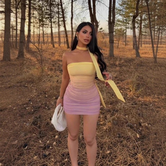 Women Clothing Nightclub Sexy Celebrity Gradient Color Tie Bandeau Slim Fit Short Dress Bailess