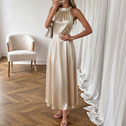 Simple Light Luxury Champagne Satin Halter Beaded Collar Dress HUNDRED